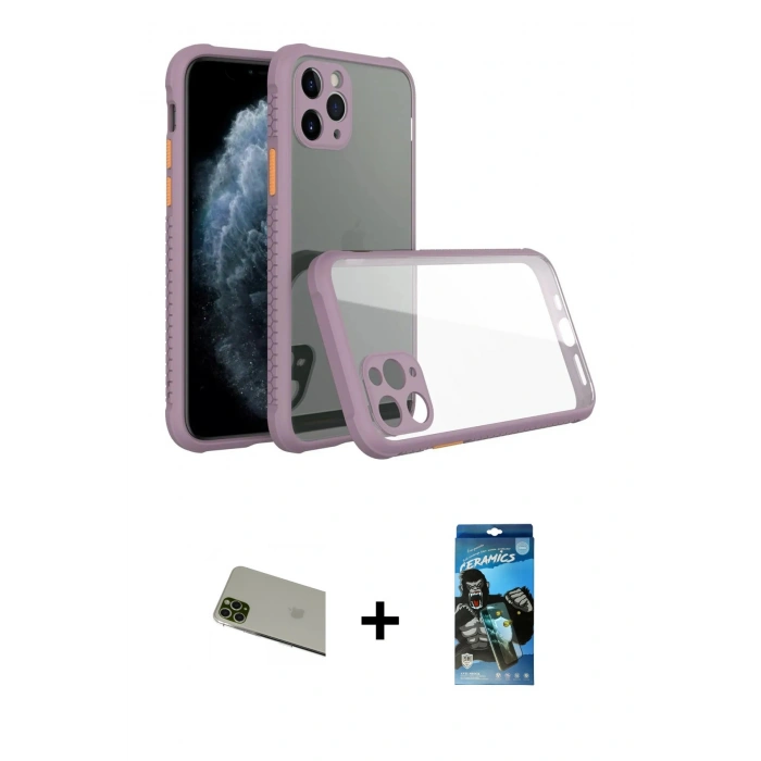 MARSİLYAN™- iPhone 11 Pro Max Kılıf Nova Asil Özel Seri - Siyah 34D Izgaralı Cam + Rainbow Kamera Lens Koruma Cam - YL