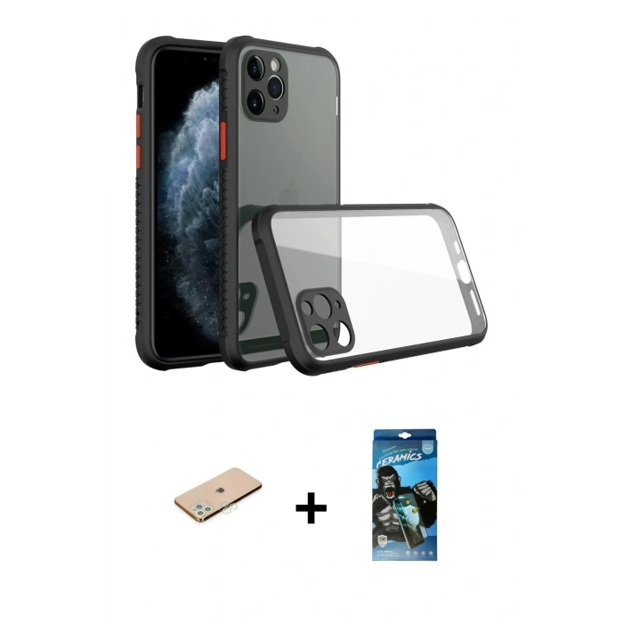 MARSİLYAN™- iPhone 11 Pro Max Kılıf Nova Asil Özel Seri - Siyah 34D Izgaralı Cam + Renkli Kamera Lens Koruma Cam - YL