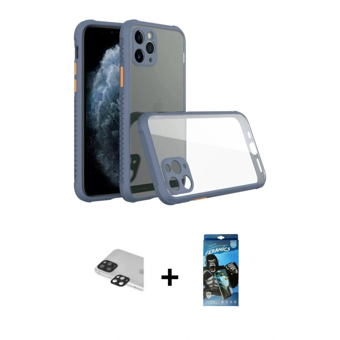 MARSİLYAN™- iPhone 11 Pro Max Kılıf Nova Asil Özel Seri - Siyah 34D Izgaralı Cam + Siyah Pers Alüminyum Kamera Lens