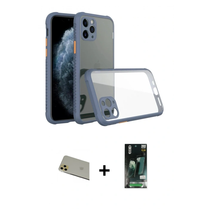 MARSİLYAN™- iPhone 11 Pro Max Kılıf Nova Asil Özel Seri - Siyah 360 Mat Full Body Arka Koruyucu + Rainbow Kamera Lens Koruma Cam - GD
