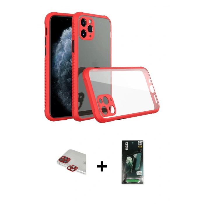 MARSİLYAN™- iPhone 11 Pro Max Kılıf Nova Asil Özel Seri - Siyah 360 Mat Full Body Arka Koruyucu + Kırmızı Pers Alüminyum Kamera Lens