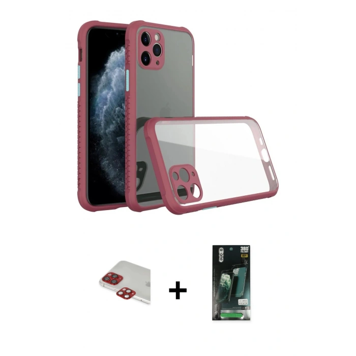 MARSİLYAN™- iPhone 11 Pro Max Kılıf Nova Asil Özel Seri - Siyah 360 Mat Full Body Arka Koruyucu + Kırmızı Pers Alüminyum Kamera Lens