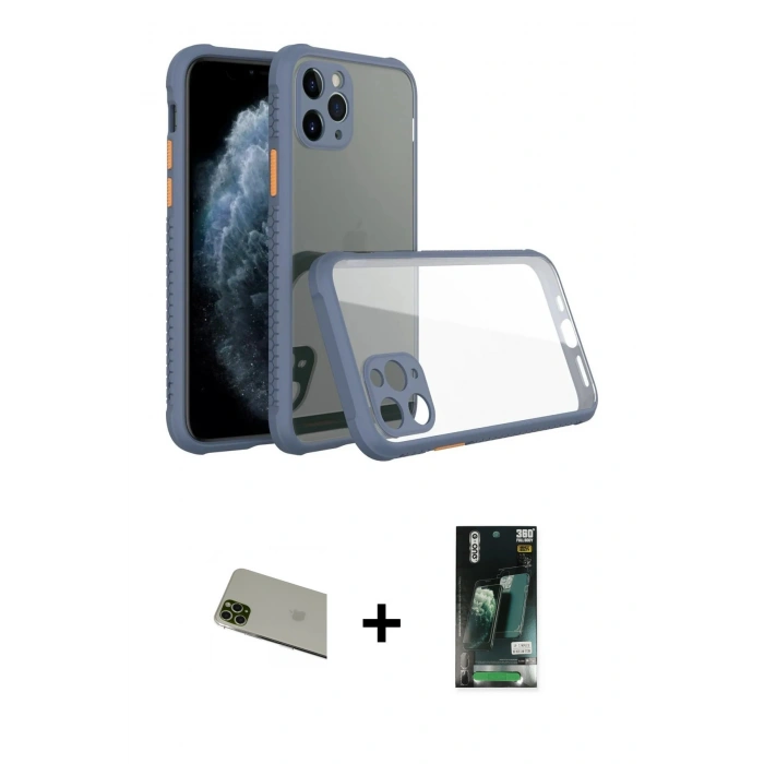 MARSİLYAN™- iPhone 11 Pro Max Kılıf Nova Asil Özel Seri - Siyah 360 Mat Full Body Arka Koruyucu + Rainbow Kamera Lens Koruma Cam - YL