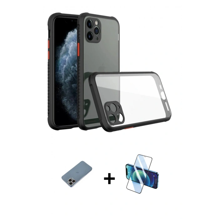 MARSİLYAN™- iPhone 11 Pro Max Kılıf Nova Asil Özel Seri - Siyah 3D Antistatik Cam Ekran Koruyucu + Shine Kamera Lens Koruma Cam - GI