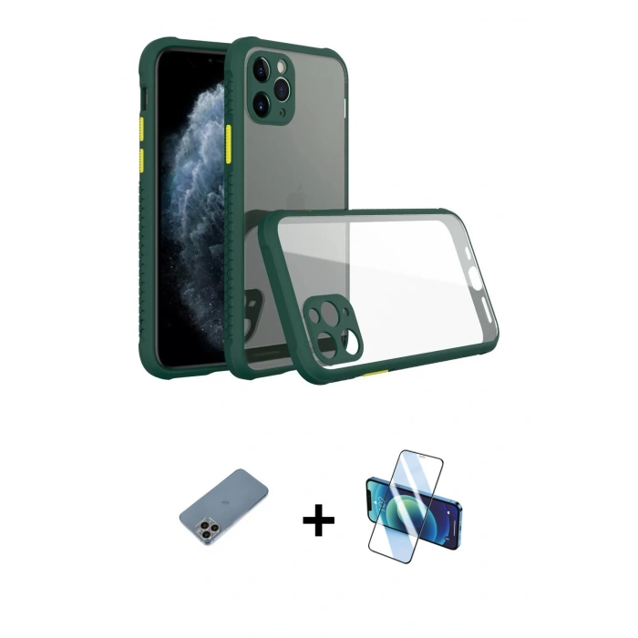 MARSİLYAN™- iPhone 11 Pro Max Kılıf Nova Asil Özel Seri - Siyah 3D Antistatik Cam Ekran Koruyucu + Shine Kamera Lens Koruma Cam - GI
