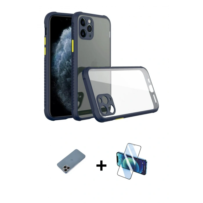MARSİLYAN™- iPhone 11 Pro Max Kılıf Nova Asil Özel Seri - Siyah 3D Antistatik Cam Ekran Koruyucu + Shine Kamera Lens Koruma Cam - GI