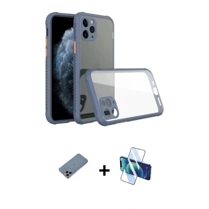 MARSİLYAN™- iPhone 11 Pro Max Kılıf Nova Asil Özel Seri - Siyah 3D Antistatik Cam Ekran Koruyucu + Shine Kamera Lens Koruma Cam - GI