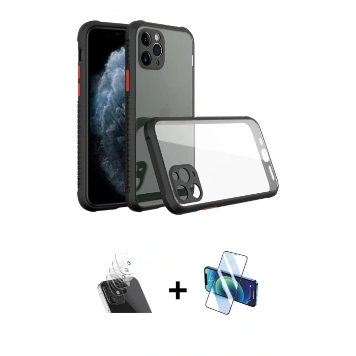 MARSİLYAN™- iPhone 11 Pro Max Kılıf Nova Asil Özel Seri - Siyah 3D Antistatik Cam Ekran Koruyucu + Kamera Lens Koruma Cam - SF