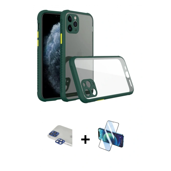 MARSİLYAN™- iPhone 11 Pro Max Kılıf Nova Asil Özel Seri - Siyah 3D Antistatik Cam Ekran Koruyucu + Pers Alüminyum Kamera Lens - LT