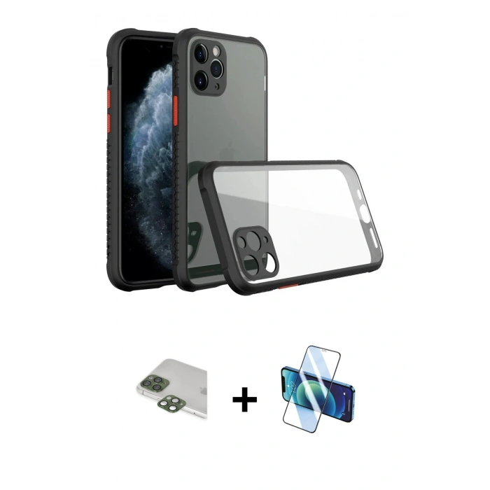 MARSİLYAN™- iPhone 11 Pro Max Kılıf Nova Asil Özel Seri - Siyah 3D Antistatik Cam Ekran Koruyucu + Pers Alüminyum Kamera Lens - YL
