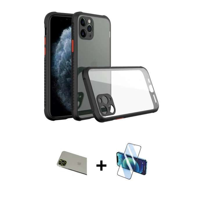 MARSİLYAN™- iPhone 11 Pro Max Kılıf Nova Asil Özel Seri - Siyah 3D Antistatik Cam Ekran Koruyucu + Rainbow Kamera Lens Koruma Cam - YL