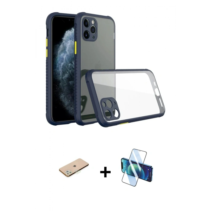 MARSİLYAN™- iPhone 11 Pro Max Kılıf Nova Asil Özel Seri - Siyah 3D Antistatik Cam Ekran Koruyucu + Renkli Kamera Lens Koruma Cam - YL