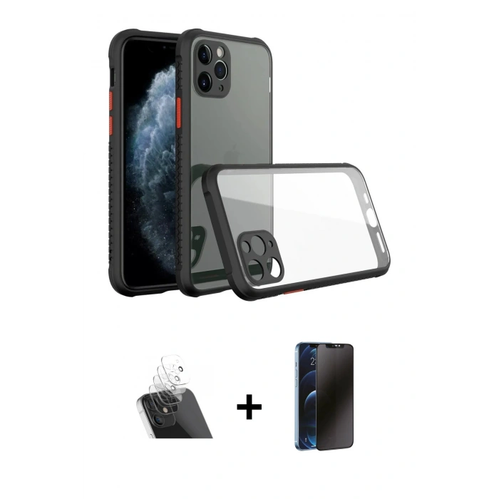 MARSİLYAN™- iPhone 11 Pro Max Kılıf Nova Asil Özel Seri - Siyah 3D Antistatik Hayalet Cam Ekran Koruyucu + Kamera Lens Koruma Cam - SF