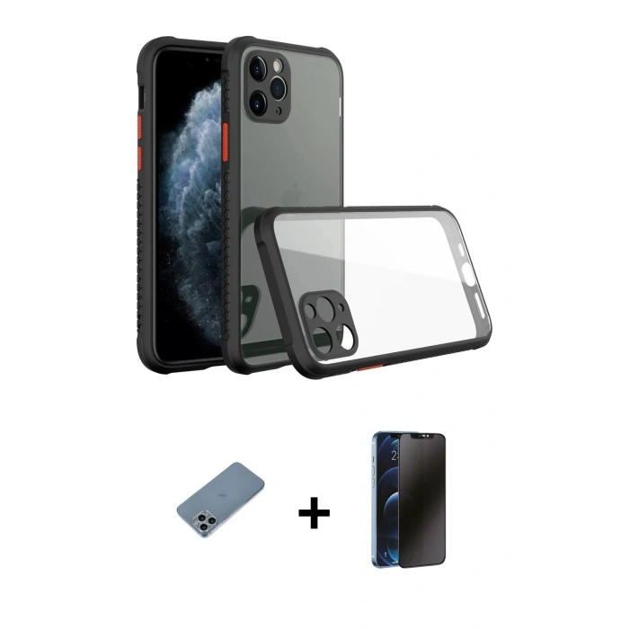 MARSİLYAN™- iPhone 11 Pro Max Kılıf Nova Asil Özel Seri - Siyah 3D Antistatik Hayalet Cam Ekran Koruyucu + Shine Kamera Lens Koruma Cam - SABE