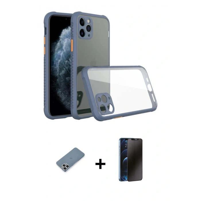 MARSİLYAN™- iPhone 11 Pro Max Kılıf Nova Asil Özel Seri - Siyah 3D Antistatik Hayalet Cam Ekran Koruyucu + Metal Kamera Lens Koruma Cam - GS