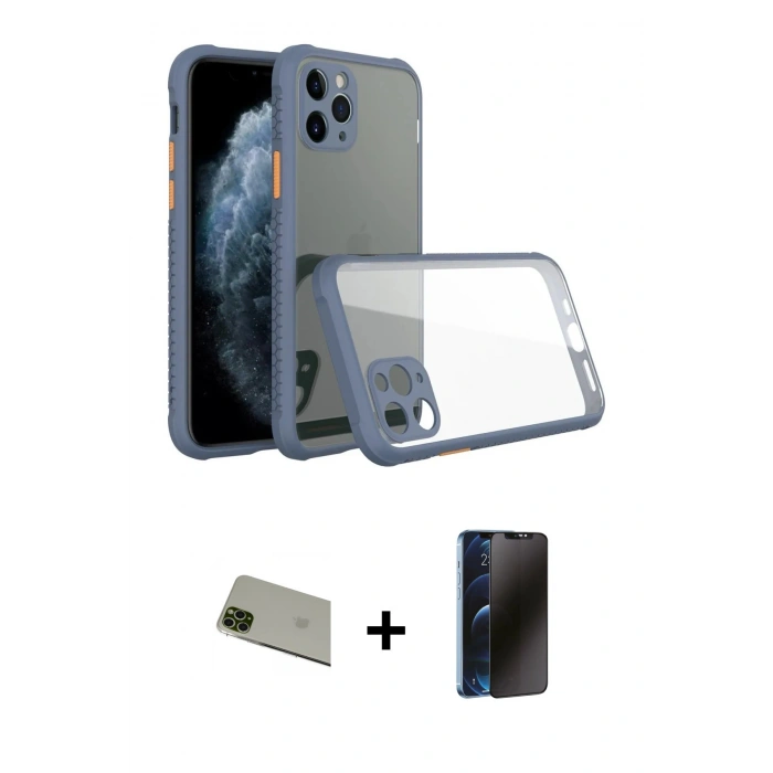 MARSİLYAN™- iPhone 11 Pro Max Kılıf Nova Asil Özel Seri - Siyah 3D Antistatik Hayalet Cam Ekran Koruyucu + Rainbow Kamera Lens Koruma Cam - YL