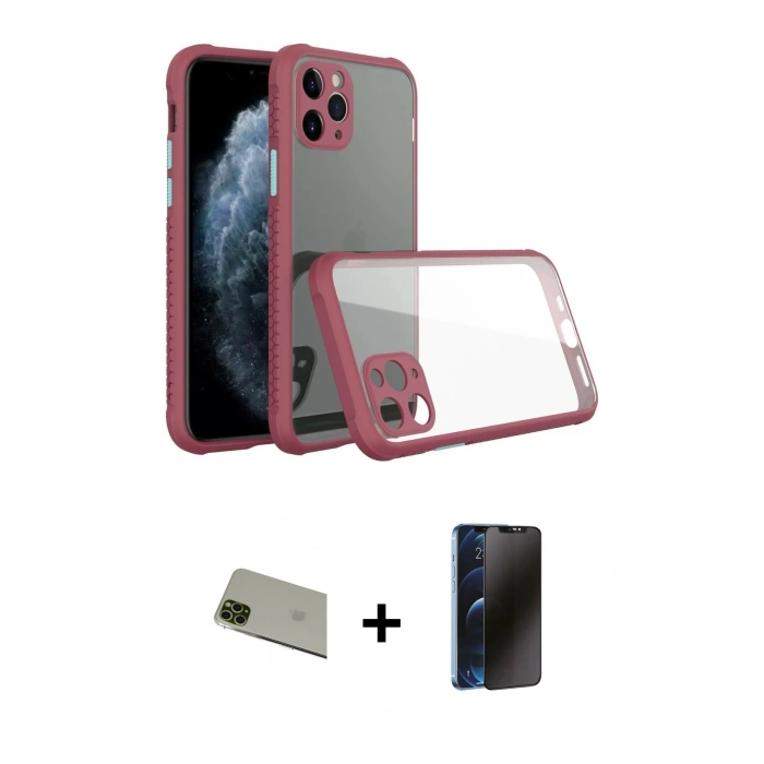 MARSİLYAN™- iPhone 11 Pro Max Kılıf Nova Asil Özel Seri - Siyah 3D Antistatik Hayalet Cam Ekran Koruyucu + Rainbow Kamera Lens Koruma Cam - YL