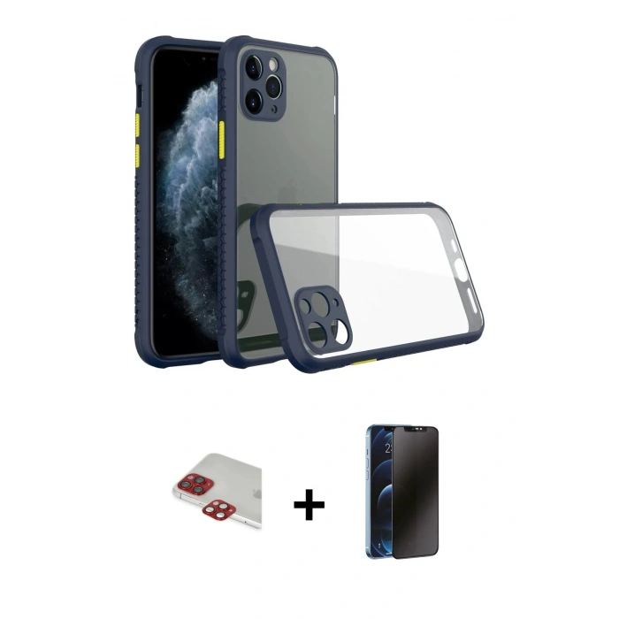 MARSİLYAN™- iPhone 11 Pro Max Kılıf Nova Asil Özel Seri - Siyah 3D Antistatik Hayalet Cam Ekran Koruyucu + Pers Alüminyum Kamera Lens - KI
