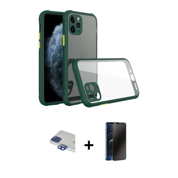 MARSİLYAN™- iPhone 11 Pro Max Kılıf Nova Asil Özel Seri - Siyah 3D Antistatik Hayalet Cam Ekran Koruyucu + Pers Alüminyum Kamera Lens - LT