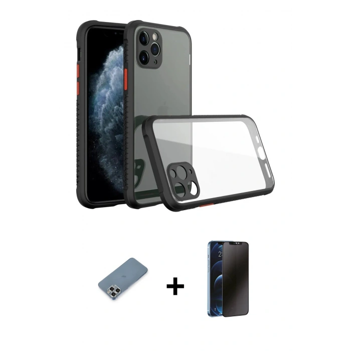 MARSİLYAN™- iPhone 11 Pro Max Kılıf Nova Asil Özel Seri - Siyah 3D Antistatik Hayalet Cam Ekran Koruyucu + Metal Kamera Lens Koruma Cam - GS