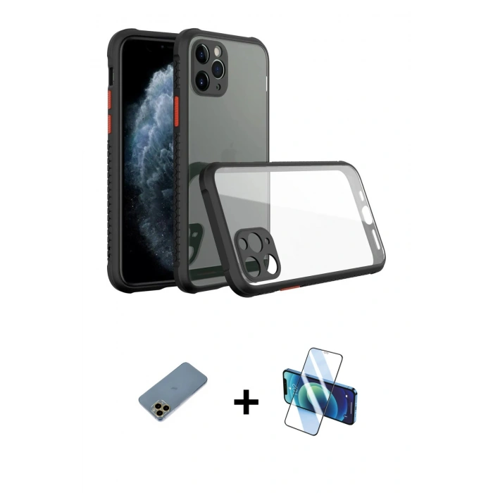 MARSİLYAN™- iPhone 11 Pro Max Kılıf Nova Asil Özel Seri - Siyah 3D Antistatik Seramik Nano Ekran Koruyucu + Shine Kamera Lens Koruma Cam - GD