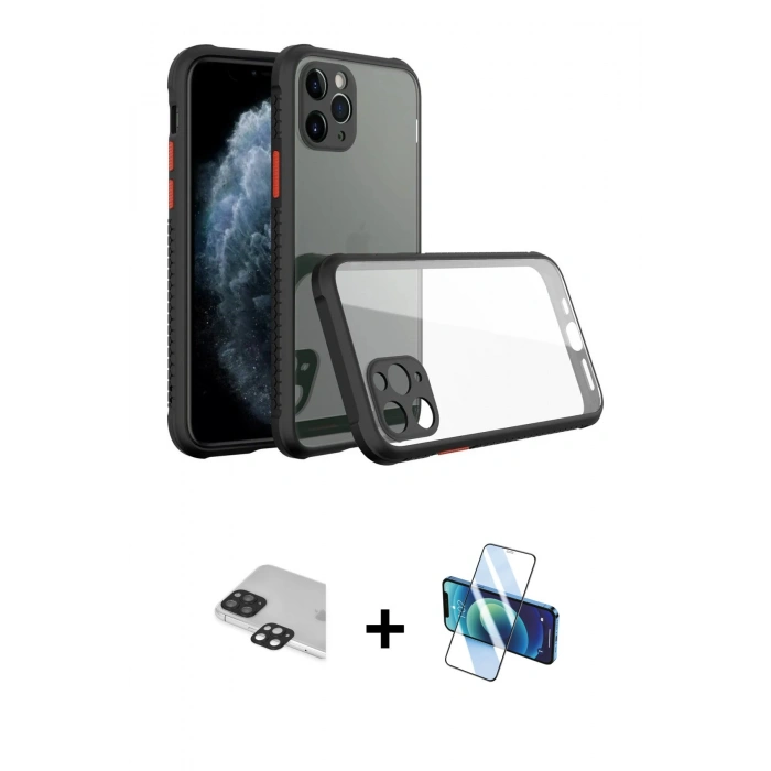 MARSİLYAN™- iPhone 11 Pro Max Kılıf Nova Asil Özel Seri - Siyah 3D Antistatik Seramik Nano Ekran Koruyucu + Pers Alüminyum Kamera Lens - SH