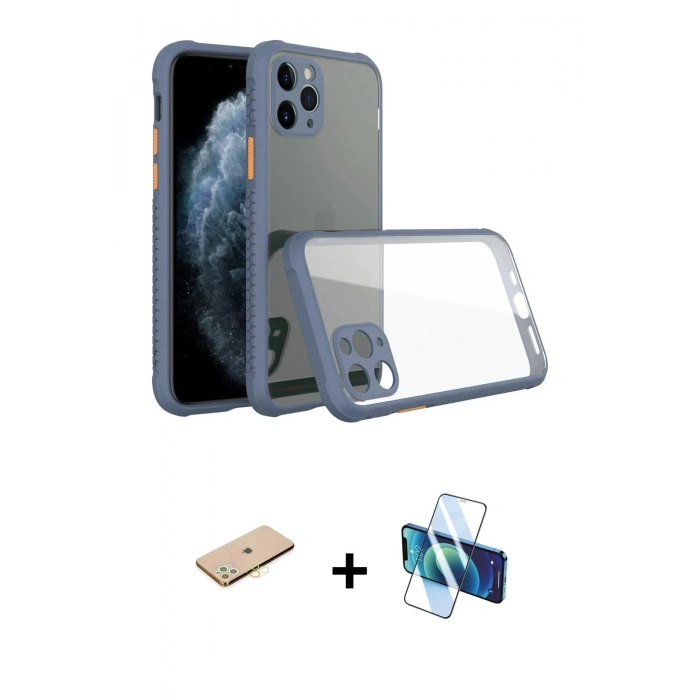 MARSİLYAN™- iPhone 11 Pro Max Kılıf Nova Asil Özel Seri - Siyah 3D Antistatik Seramik Nano Ekran Koruyucu + Renkli Kamera Lens Koruma Cam - SI