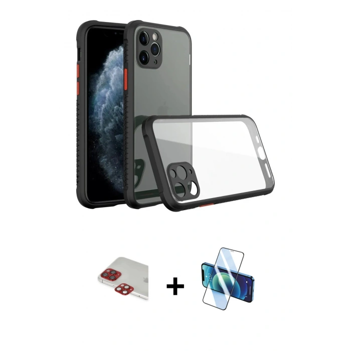 MARSİLYAN™- iPhone 11 Pro Max Kılıf Nova Asil Özel Seri - Siyah 3D Antistatik Seramik Nano Ekran Koruyucu + Pers Alüminyum Kamera Lens - KI