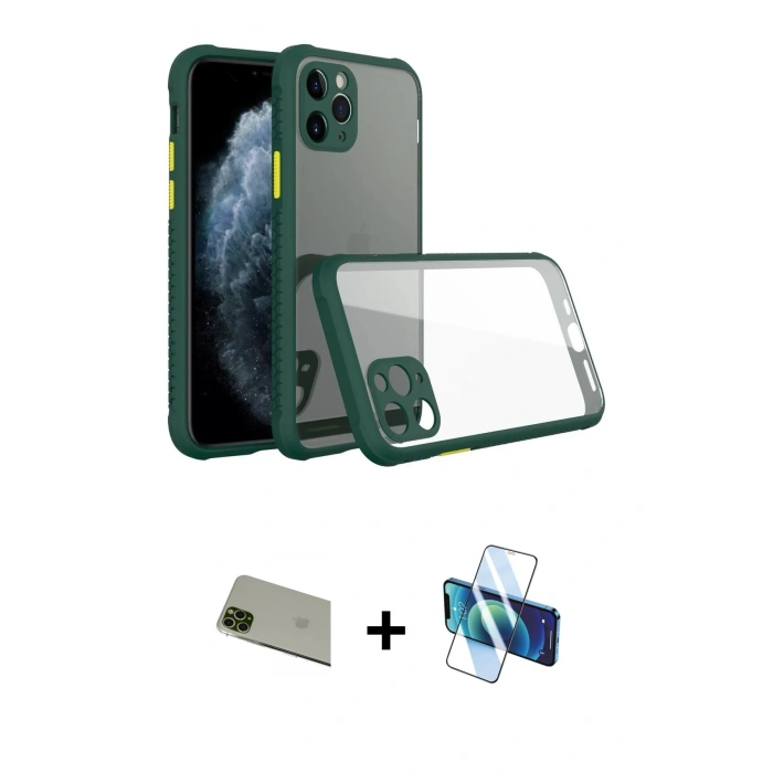 MARSİLYAN™- iPhone 11 Pro Max Kılıf Nova Asil Özel Seri - Siyah 3D Antistatik Seramik Nano Ekran Koruyucu + Rainbow Kamera Lens Koruma Cam - YL