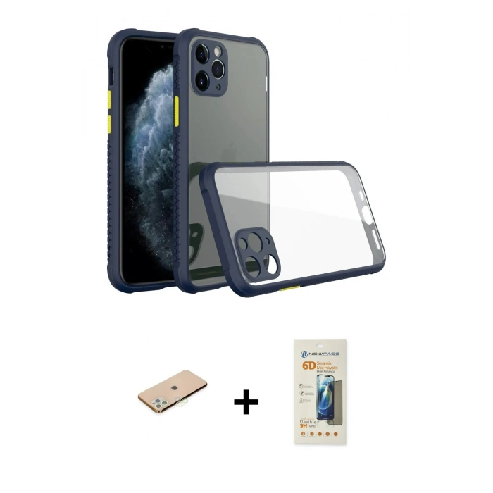 MARSİLYAN™- iPhone 11 Pro Max Kılıf Nova Asil Özel Seri - Siyah 6D Mat Seramik Hayalet Nano Ekran Koruyucu + Renkli Kamera Lens Koruma Cam - YL