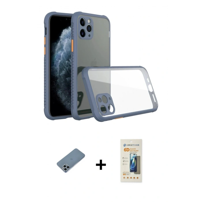MARSİLYAN™- iPhone 11 Pro Max Kılıf Nova Asil Özel Seri - Siyah 6D Mat Seramik Hayalet Nano Ekran Koruyucu + Sierra Blue Shine Kamera Lens Koruma Cam