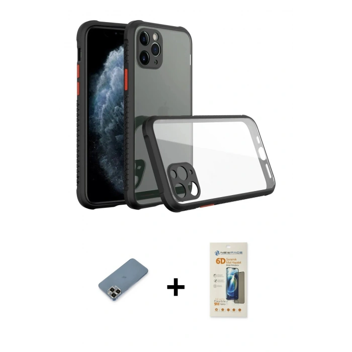MARSİLYAN™- iPhone 11 Pro Max Kılıf Nova Asil Özel Seri - Siyah 6D Mat Seramik Hayalet Nano Ekran Koruyucu + Metal Kamera Lens Koruma Cam - GD