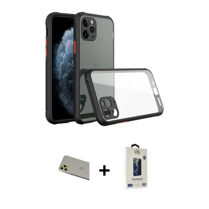 MARSİLYAN™- iPhone 11 Pro Max Kılıf Nova Asil Özel Seri - Siyah Bilvis Hayalet Cam Ekran Koruyucu + Gold Rainbow Kamera Lens Koruma Cam