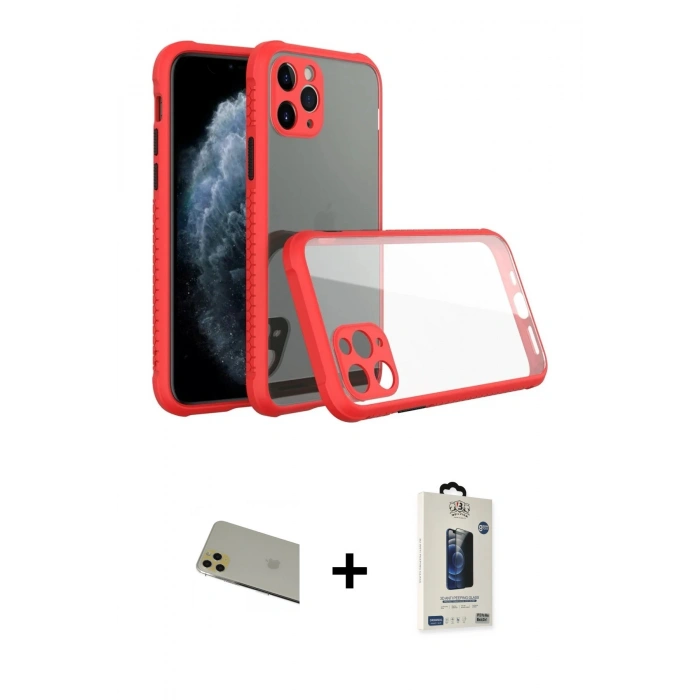 MARSİLYAN™- iPhone 11 Pro Max Kılıf Nova Asil Özel Seri - Siyah Bilvis Hayalet Cam Ekran Koruyucu + Gold Rainbow Kamera Lens Koruma Cam