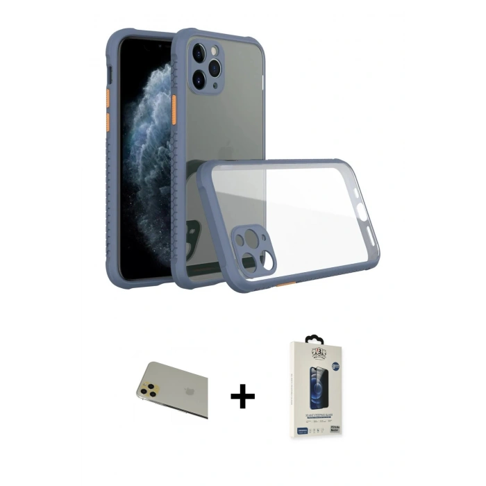 MARSİLYAN™- iPhone 11 Pro Max Kılıf Nova Asil Özel Seri - Siyah Bilvis Hayalet Cam Ekran Koruyucu + Gold Rainbow Kamera Lens Koruma Cam