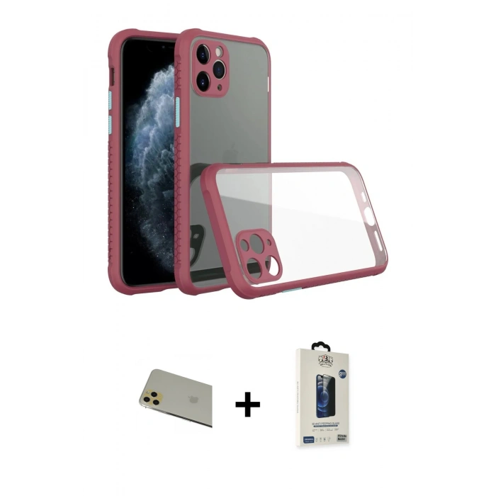 MARSİLYAN™- iPhone 11 Pro Max Kılıf Nova Asil Özel Seri - Siyah Bilvis Hayalet Cam Ekran Koruyucu + Gold Rainbow Kamera Lens Koruma Cam