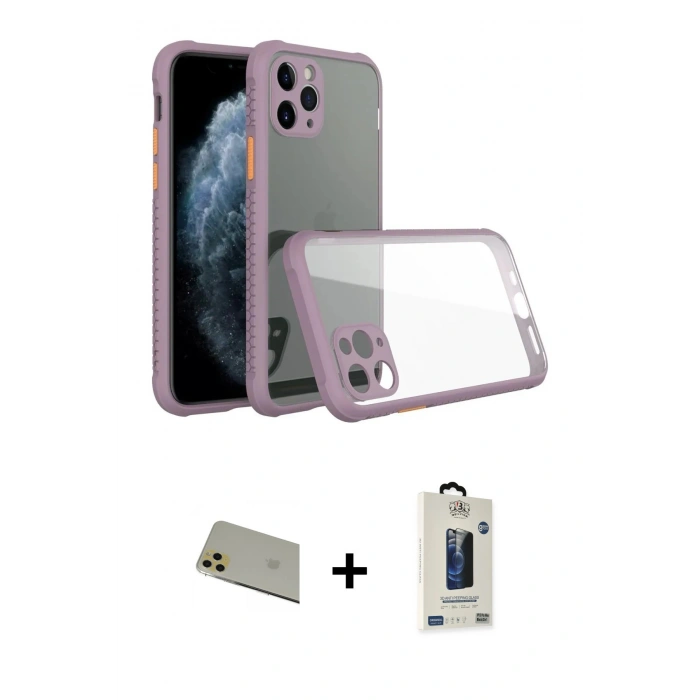 MARSİLYAN™- iPhone 11 Pro Max Kılıf Nova Asil Özel Seri - Siyah Bilvis Hayalet Cam Ekran Koruyucu + Gold Rainbow Kamera Lens Koruma Cam