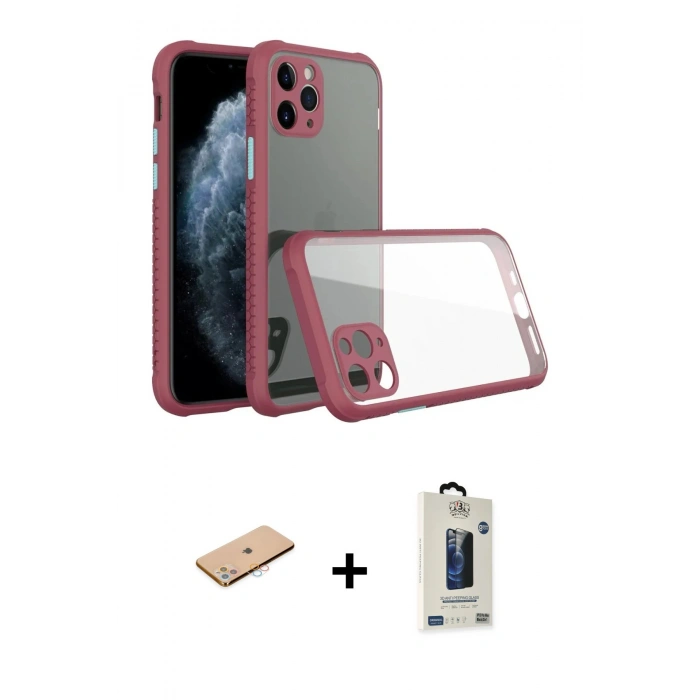 MARSİLYAN™- iPhone 11 Pro Max Kılıf Nova Asil Özel Seri - Siyah Bilvis Hayalet Cam Ekran Koruyucu + Renkli Kamera Lens Koruma Cam - PE