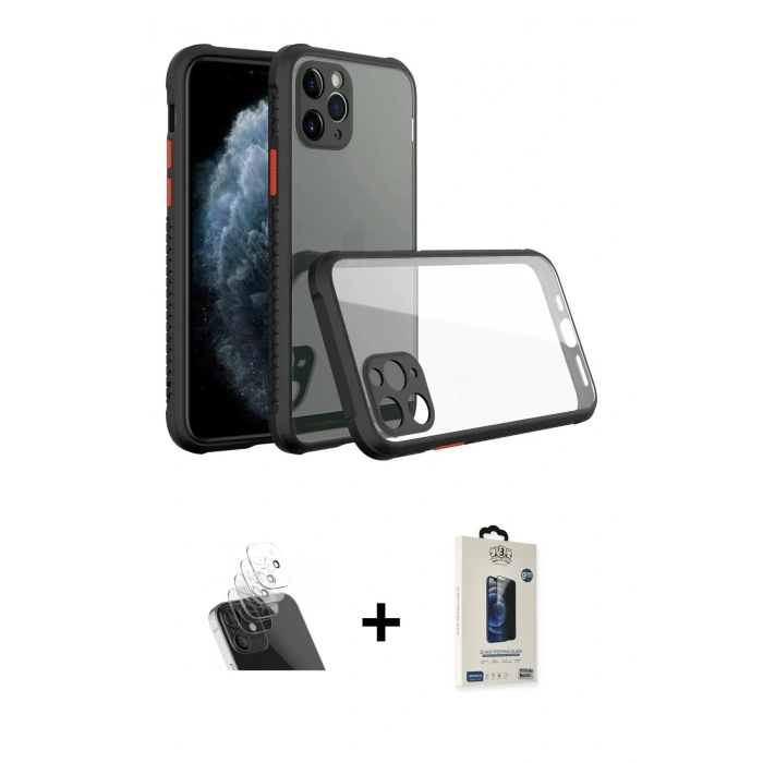 MARSİLYAN™- iPhone 11 Pro Max Kılıf Nova Asil Özel Seri - Siyah Bilvis Hayalet Cam Ekran Koruyucu + Kamera Lens Koruma Cam - SF