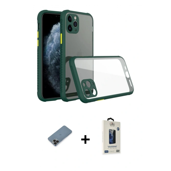 MARSİLYAN™- iPhone 11 Pro Max Kılıf Nova Asil Özel Seri - Siyah Bilvis Hayalet Cam Ekran Koruyucu + Siyah Metal Kamera Lens Koruma Cam