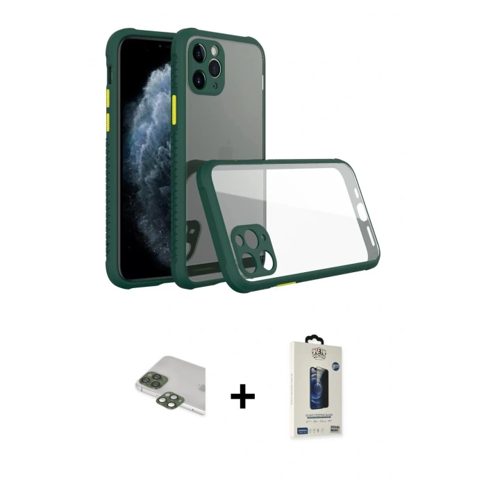 MARSİLYAN™- iPhone 11 Pro Max Kılıf Nova Asil Özel Seri - Siyah Bilvis Hayalet Cam Ekran Koruyucu + Yeşil Pers Alüminyum Kamera Lens