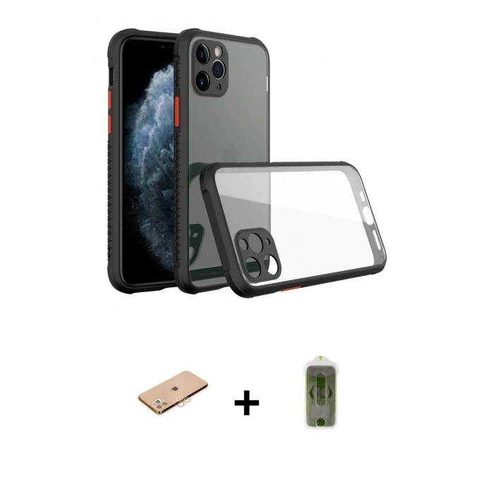 MARSİLYAN™- iPhone 11 Pro Max Kılıf Nova Asil Özel Seri - Siyah Joko Magic 5D Hayalet Cam + Renkli Kamera Lens Koruma Cam - TU