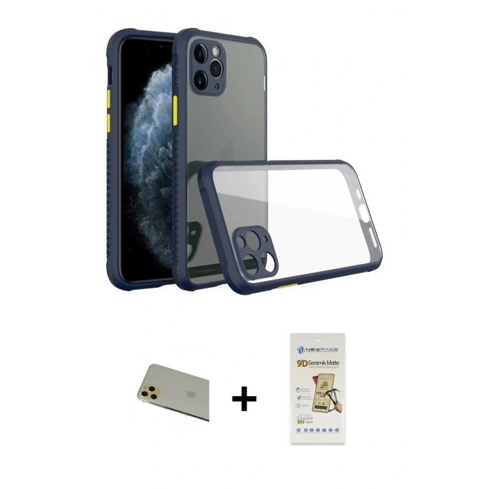 MARSİLYAN™- iPhone 11 Pro Max Kılıf Nova Asil Özel Seri - Siyah Mat Seramik Nano Ekran Koruyucu + Gold Rainbow Kamera Lens Koruma Cam