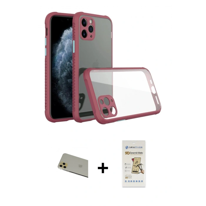 MARSİLYAN™- iPhone 11 Pro Max Kılıf Nova Asil Özel Seri - Siyah Mat Seramik Nano Ekran Koruyucu + Gold Rainbow Kamera Lens Koruma Cam