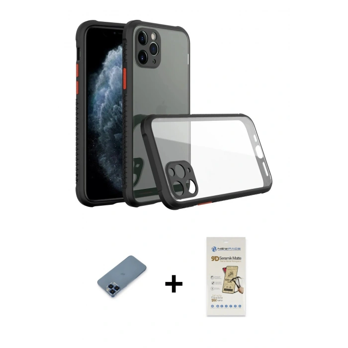 MARSİLYAN™- iPhone 11 Pro Max Kılıf Nova Asil Özel Seri - Siyah Mat Seramik Nano Ekran Koruyucu + Metal Kamera Lens Koruma Cam - MI