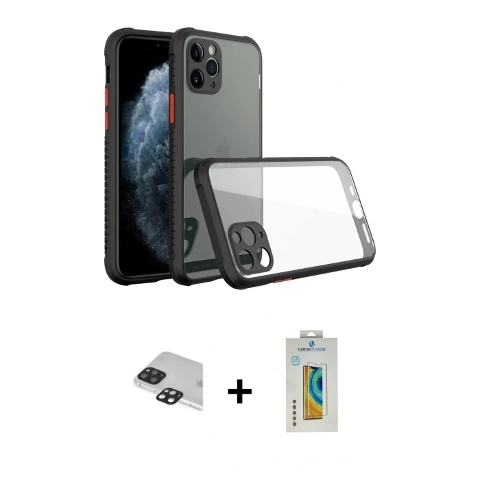 MARSİLYAN™- iPhone 11 Pro Max Kılıf Nova Asil Özel Seri - Siyah Polymer Nano Ekran Koruyucu + Pers Alüminyum Kamera Lens - SH