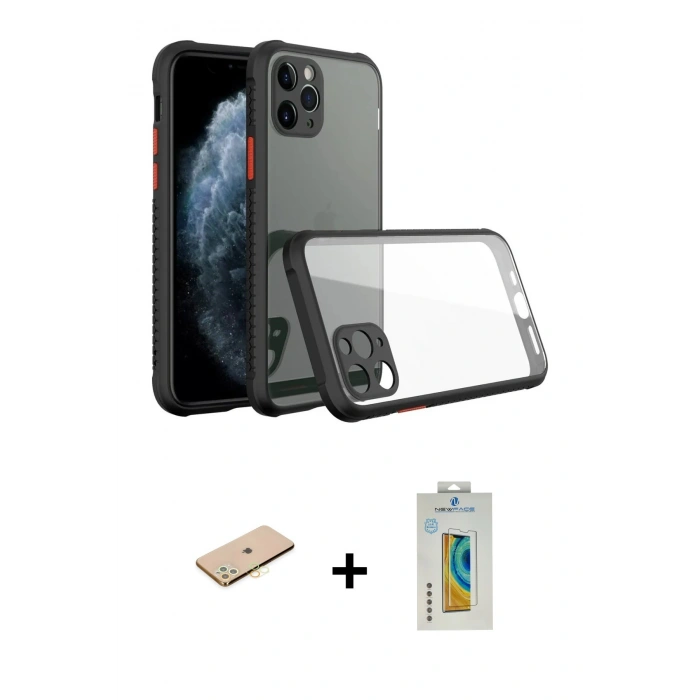 MARSİLYAN™- iPhone 11 Pro Max Kılıf Nova Asil Özel Seri - Siyah Polymer Nano Ekran Koruyucu + Sarı Renkli Kamera Lens Koruma Cam