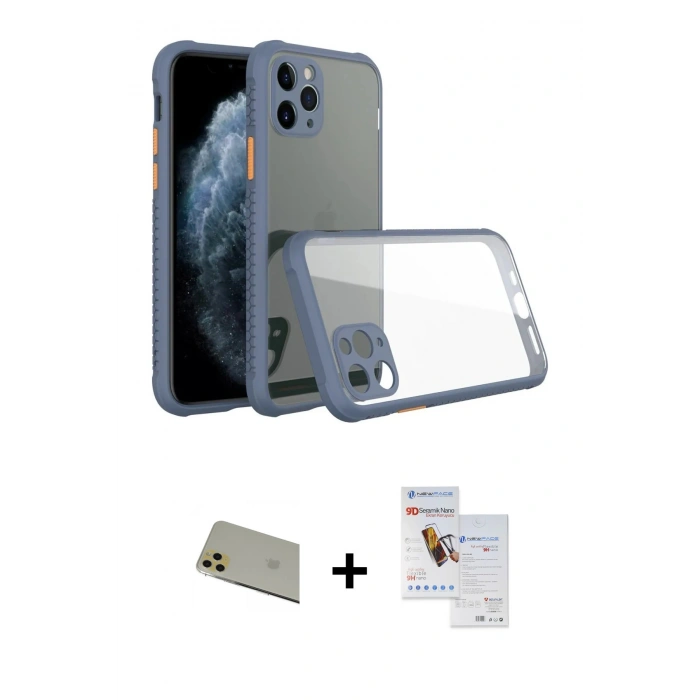 MARSİLYAN™- iPhone 11 Pro Max Kılıf Nova Asil Özel Seri - Siyah Seramik Nano Ekran Koruyucu + Rainbow Kamera Lens Koruma Cam - GD