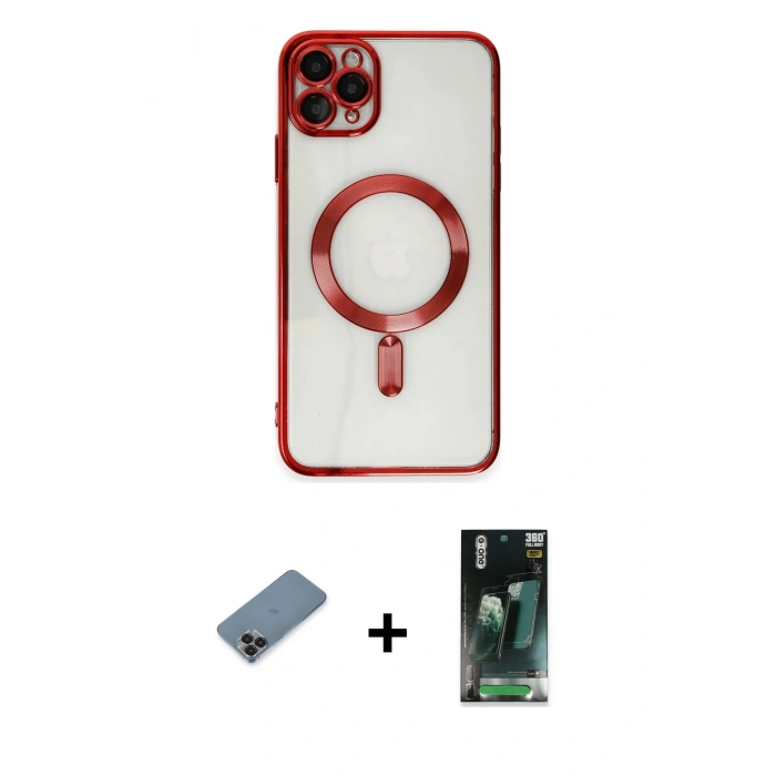 MARSİLYAN™- iPhone 11 Pro Max Kılıf Nova Işık Özel Seri - Şeffaf 360 Full Body Arka Koruyucu + Metal Kamera Lens Koruma Cam - SH