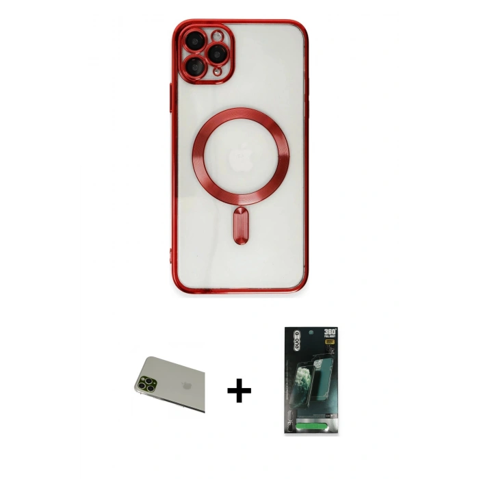 MARSİLYAN™- iPhone 11 Pro Max Kılıf Nova Işık Özel Seri - Şeffaf 360 Full Body Arka Koruyucu + Yeşil Rainbow Kamera Lens Koruma Cam